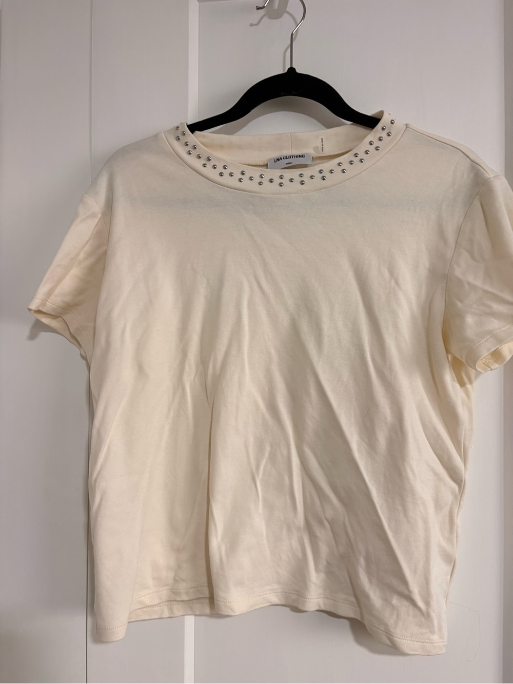 LNA Cream Short-Sleeve Crewneck Tee with Studded Neckline